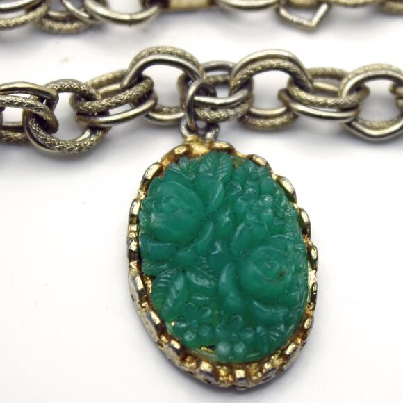 Vintage Oriental Asian Style Charm Bracelet Green Oval Dangle 7" Chain - Hey Viv - Picture 6 of 8